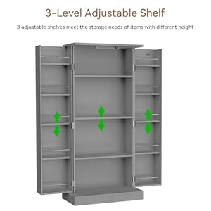 50 LED Kitchen Pantry Cabinet Farmhouse Storage Cabinet Wood Food Pantry with Barn Doors and Adjustable Shelves Freestanding Buffet Cupboards Sideboard for Kitchen Modern Gray