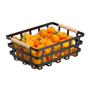 2 Pack X Large Wire Metal Baskets Thick functional Storage Organizer Farmhouse fruit Bin with Wood Handles for Pantry Cabinets Rustic Kitchen Counter Closet Under Sink Entryway Black Upgraded