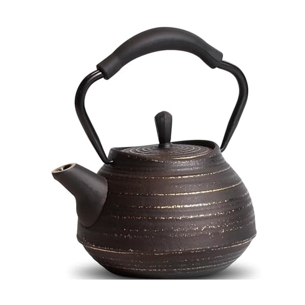   Cast-Iron-Teapot-Stovetop-Safe-Vintage-Tea-Kettle-with-Infuser-for-Loose-Leaf-Coffee-Japanese-Tea-Pot-Coated-with-Enameled-Interior-Silicone-Handle-22oz-650ml-Black