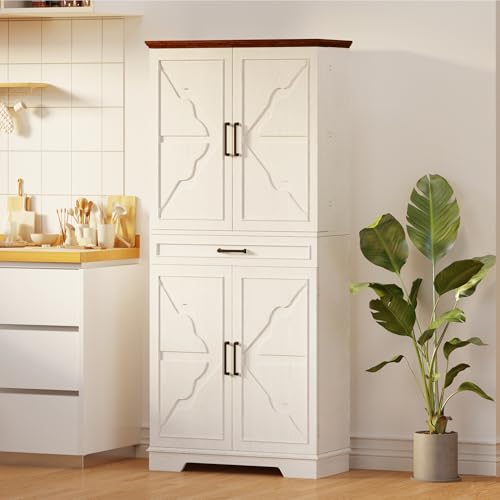 IRONCK-Farmhouse-Kitchen-Pantry-Cabinet-72-Height-Tall-Freestanding-Cupboard-with-Sliding-Storage-Rack-and-6-Hanging-Shelves-for-Kitchen-Dining-Room-White IRONCK Farmhouse Kitchen Pantry Cabinet 72 Height Tall Freestanding Cupboard with Sliding Storage Rack and 6 Hanging Shelves for Kitchen Dining Room White