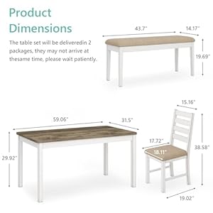 Dining table set of 6 with upholstered chairs bench 59 rectangular kitchen table set with old design farmhouse white dinner room set solid wood stable space saving 1 bench 4 chairs  urban country home decor