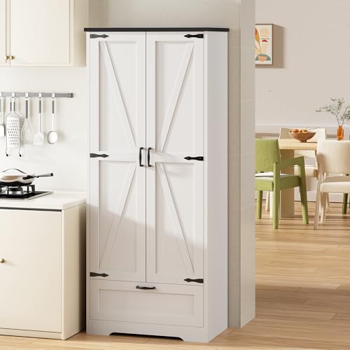 Shintenchi Kitchen Pantry Cabinet Freestanding Farmhouse Storage Cabinet with 4 Shelves and 1 Drawer Tall Cupboard for Kitchen Living Room Dining Room and Bathroom White