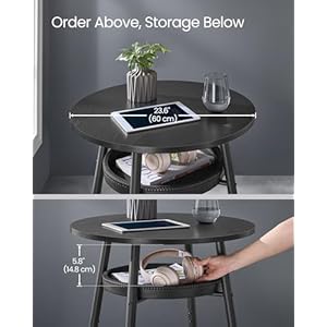 VASAGLE EKHO Collection Bar Table with Storage Round High Pub Table Synthetic Leather with Stitching Mid Century Modern Kitchen Home Bar Living Room Easy Assembly Ebony Black and Ink Black