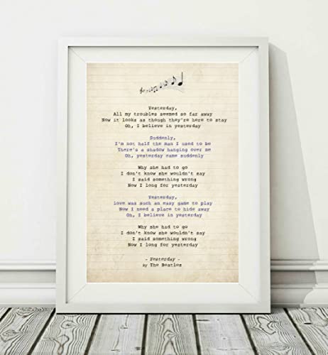 Poster de paroles de la chanson The Beatles – Yesterday (sans cadre) – Tailles A4 (29,7 x 21 cm) et A3 (42 x 29,7 cm) (A4) - Les Beatles, Paul McCartney, John Lennon, RIngo Starr, George Harrison Poster de paroles de la chanson The Beatles - Yesterday (sans cadre) - Tailles A4 (29,7 x 21 cm) et A3 (42 x 29,7 cm) (A4)