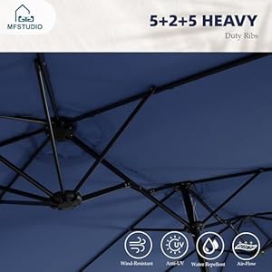   MFSTUDIO-8-Pieces-Outdoor-Patio-Dining-Set-for-6-with-Umbrella-Patio-Rectangular-Metal-Table-and-Rattan-Chairs-with-Umbrella-Outdoor-Patio-Wicker-Dining-Furniture-Set-with-13ft-Umbrella-Navy-Blue