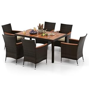   HAPPYGRILL-7-Pieces-Rattan-Wicker-Patio-Dining-Set-Outdoor-Dining-Set-with-Cushions-Large-Dining-Table-with-Acacia-Wood-Top-Outside-Dining-Furniture-Set-with-Umbrella-Hole