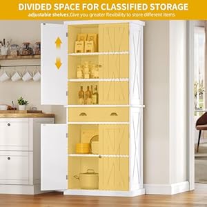 DWVO 72'' Tall Farmhouse Kitchen Pantry with Adjustable Shelves, Wood Kitchen Storage Cabinets with Doors & Drawer, Freestanding Cupboard for for Kitchen, Dining Room, Living Room, White DWVO 72 Tall Farmhouse Kitchen Pantry with Adjustable Shelves Wood Kitchen Storage Cabinets with Doors Drawer Freestanding Cupboard for for Kitchen Dining Room Living Room White