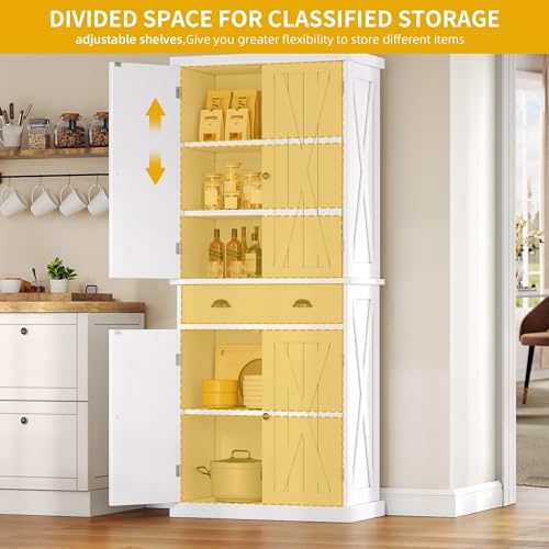 DWVO-72-Tall-Farmhouse-Kitchen-Pantry-with-Adjustable-Shelves-Wood-Kitchen-Storage-Cabinets-with-Doors-Drawer-Freestanding-Cupboard-for-for-Kitchen-Dining-Room-Living-Room-White DWVO 72 Tall Farmhouse Kitchen Pantry with Adjustable Shelves Wood Kitchen Storage Cabinets with Doors Drawer Freestanding Cupboard for for Kitchen Dining Room Living Room White