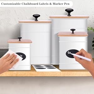 White Canisters Sets for the Kitchen CounterFlour Sugar Storage ContainersMetal Farmhouse Kitchen Canisters Set of 4Coffee Tea Sugar Spice Flour Food Storage Container with Airtight Bamboo Lids