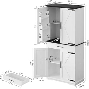 IRONCK Farmhouse Kitchen Pantry Cabinet, Tall Storage Cabinet with 6 Hanging Shelves and Adjustable Shelves, Freestanding Cupboard with Barn Doors for Kitchen, Dining Room,White/Black IRONCK Farmhouse Kitchen Pantry Cabinet Tall Storage Cabinet with 6 Hanging Shelves and Adjustable Shelves Freestanding Cupboard with Barn Doors for Kitchen Dining RoomWhiteBlack