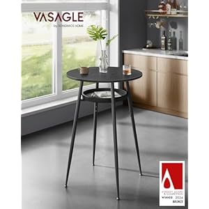 VASAGLE EKHO Collection Bar Table with Storage Round High Pub Table Synthetic Leather with Stitching Mid Century Modern Kitchen Home Bar Living Room Easy Assembly Ebony Black and Ink Black