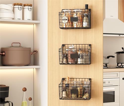 Wall-Mounted-Bin-Basket-with-5-Hooks-3-Label-Plate-Adhesive-3-Pack-Cabinet-Hanging-Metal-Wire-BasketRustic-Farmhouse-Decor-Storage-Organization-Shelf-for-Pantry-Kitchen-Bathroom-1067551inch Wall Mounted Bin Basket with 5 Hooks 3 Label Plate Adhesive 3 Pack Cabinet Hanging Metal Wire BasketRustic Farmhouse Decor Storage Organization Shelf for Pantry Kitchen Bathroom 1067551inch