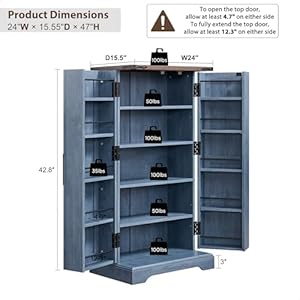 47" Kitchen Pantry, Farmhouse Storage Cabinet with Barn Doors, Organizer and Adjustable Shelves, Rustic Wood Cupboard for Kitchen, Dining Room, Bathroom and Hallway, Rustic Blue 47 Kitchen Pantry Farmhouse Storage Cabinet with Barn Doors Organizer and Adjustable Shelves Rustic Wood Cupboard for Kitchen Dining Room Bathroom and Hallway Rustic Blue