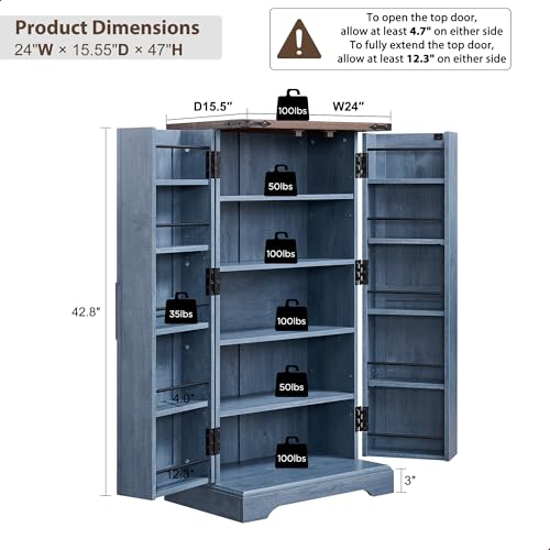 47-Kitchen-Pantry-Farmhouse-Storage-Cabinet-with-Barn-Doors-Organizer-and-Adjustable-Shelves-Rustic-Wood-Cupboard-for-Kitchen-Dining-Room-Bathroom-and-Hallway-Rustic-Blue 47 Kitchen Pantry Farmhouse Storage Cabinet with Barn Doors Organizer and Adjustable Shelves Rustic Wood Cupboard for Kitchen Dining Room Bathroom and Hallway Rustic Blue