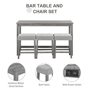 60 Industrial Grey Solid Wood Bar Table Set with Power Outlet and 3 Grey Chairs for Living Room Dining Room Game Room