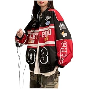Varsity Jacket for Women Patchwork Long Sleeve Racing Bomber Letterman Jackets Color Block Y2k Vintage Streetwear