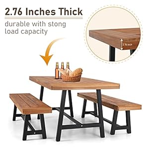 MFSTUDIO 3 Pieces Outdoor Patio Dining Set,Acacia Wood Table Bench Furniture Set with 1 Rectangular Picnic Wooden Table and 2 Benches for Backyard, Garden, Lawn-Teak Color MFSTUDIO 3 Pieces Outdoor Patio Dining SetAcacia Wood Table Bench Furniture Set with 1 Rectangular Picnic Wooden Table and 2 Benches for Backyard Garden Lawn Teak Color