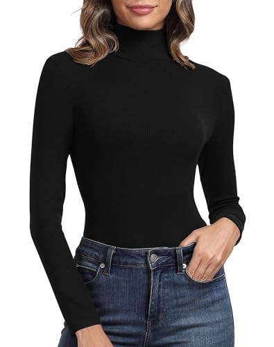 PALINDA Women’s Ribbed Turtleneck Fitted Long Sleeve Shirts Basic Thermal Layering Tops