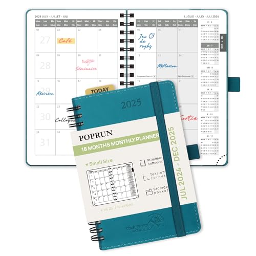 POPRUN Agenda 2024 2025 Mensuel de Poche Spirale 16 x 10,5 cm, Petit Planner Scolaire De Juillet 2024 à Déc 2025, Couverture Souple en PU Cuir, Poche pliable, Papier Certifié FSC® - Pacifique Vert