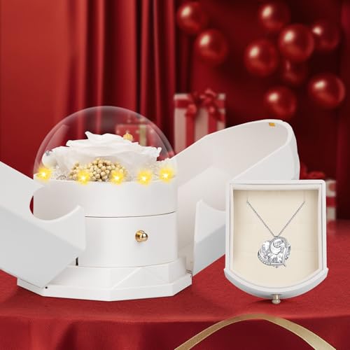 BNWXOY Preserved Real White Rose with Necklace Forever Flowers Rose Birthday Gifts for Women Her Mom Wife Girlfriend Grandma on Valentine Mothers Day Sweetest Day Christmas Anniversary Romantic-White - Image 4