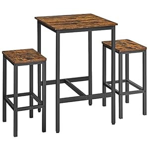 VASAGLE Bar Table and Chairs Set Square Bar Table with 2 Bar Stools Dining Pub Bar Table Set for 2 Space Saving for Kitchen Breakfast Living Room Party Room Rustic Brown and Ink Black