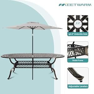 MEETWARM 9 Piece Outdoor Patio Dining Set All Weather Cast Aluminum Patio Conversation Set for Backyard Garden Deck with 1 Oval Table 8 Cushioned Swivel Rocker Chairs 2 Umbrella Hole Navy Blue