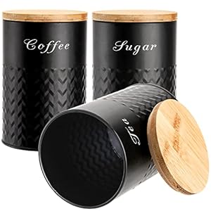 Bekith 3 Pack Kitchen Canisters with Bamboo Lids Airtight Metal Canister Set Food Storage Containers Jars for Coffee Sugar Tea Flour Rustic Farmhouse Kitchen Decor Containers Black