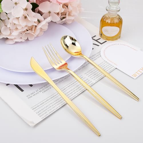 PULOTE 150PCS Golden Plastic Silverware Set - Durable Elegant Perfect for Parties