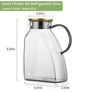 Bincoo fridge door glass pitcher with lid18 liter60oz glass carafe for juice and iced tea water jug for fridge water jug for cold or hot beverage easy clean heat resistant  urban country home decor