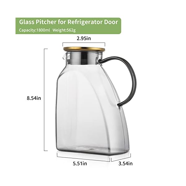 Bincoo fridge door glass pitcher with lid18 liter60oz glass carafe for juice and iced tea water jug for fridge water jug for cold or hot beverage easy clean heat resistant  urban country home decor