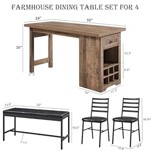 Farmhousediningtablesetfor455largekitchentablesetwith2chairsandbenchrusticwooddiningbartablewithdrawerandwinegalssesracklightbrown  Urban Country Home Decor Farmhouse dining table set for 4 55 large kitchen table set with 2 chairs and bench rustic wood dining bar table with drawer and wine galsses rack light brown  urban country home decor