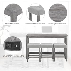 4 Piece Bar Table Set Dining Bar Table and Chairs Set with Power Outlet Industrial Breakfast Table with 3 Padded Stools Rustic Bar Kitchen Dinning Room Living Room Grey