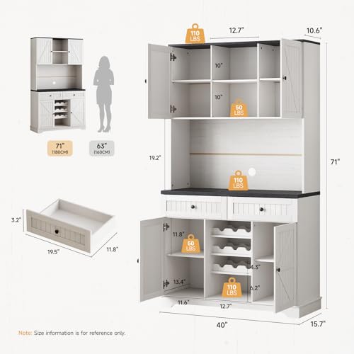 71-Kitchen-Pantry-Cabinet-with-2-Drawers-3-Wine-Racks-Farmhouse-Storage-Cabinet-with-Adjustable-Shelves-Kitchen-Hutch-Cabinet-with-Microwave-Stand-for-Dining-Room-Living-Room-Off-White 71 Kitchen Pantry Cabinet with 2 Drawers 3 Wine Racks Farmhouse Storage Cabinet with Adjustable Shelves Kitchen Hutch Cabinet with Microwave Stand for Dining Room Living Room Off White