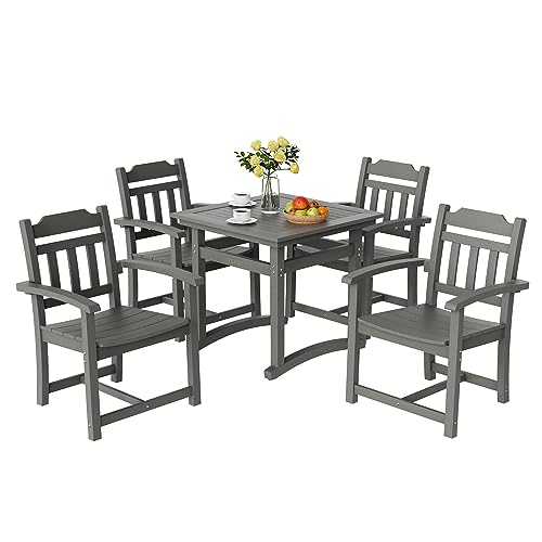 VEVOR Outdoor HIPS Patio Dining Set 5 Pieces Patio Table and Chairs Set All Weather Garden Square Furniture Table Sets Patio Conversation Set for Lawn Deck Backyard Poolside Light Gray