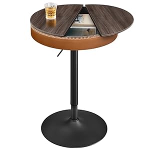 VASAGLE EKHO Collection Height Adjustable Bar Table Round High Pub Table with Storage Synthetic Leather with Stitching Mid Century Modern Kitchen Home Bar Ash Brown and Caramel Brown