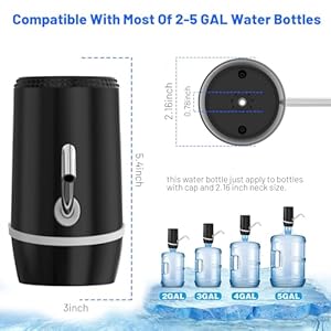 2 5 Gallon Portable Water Dispenser Water Bottle Pump Rechargeable for 5 Gallon with Silicone Cap Automatic Drinking Water Jug Dispenser Black
