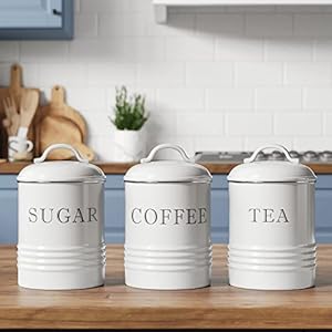 Barnyard Designs Canister Sets for Kitchen Counter Vintage Kitchen Canisters Country Rustic Farmhouse Decor Coffee Tea Sugar Container Set Metal White