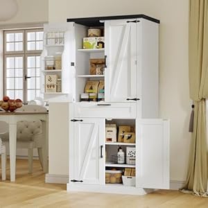 71" Tall Kitchen Pantry Cabinet, Farmhouse Storage Cabinet with Barn Doors, Pantry Cabinet, 6 Hanging Shelves, 1 Drawer & Adjustable Shelves, Cupboard for Kitchen, Dinging Room, White 71 Tall Kitchen Pantry Cabinet Farmhouse Storage Cabinet with Barn Doors Pantry Cabinet 6 Hanging Shelves 1 Drawer Adjustable Shelves Cupboard for Kitchen Dinging Room White