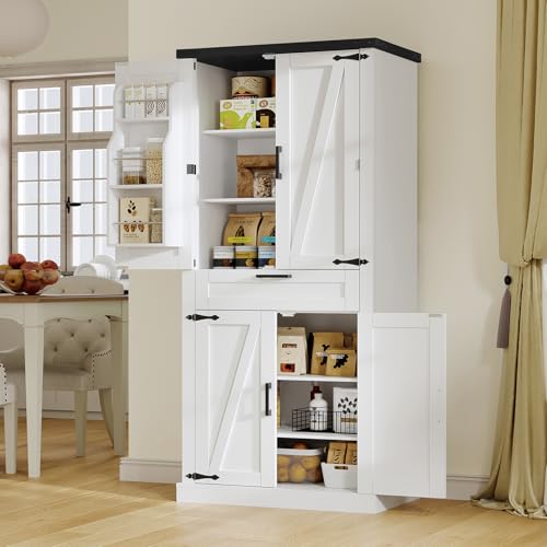 71-Tall-Kitchen-Pantry-Cabinet-Farmhouse-Storage-Cabinet-with-Barn-Doors-Pantry-Cabinet-6-Hanging-Shelves-1-Drawer-Adjustable-Shelves-Cupboard-for-Kitchen-Dinging-Room-White 71 Tall Kitchen Pantry Cabinet Farmhouse Storage Cabinet with Barn Doors Pantry Cabinet 6 Hanging Shelves 1 Drawer Adjustable Shelves Cupboard for Kitchen Dinging Room White