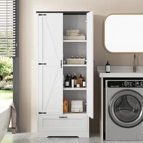Shintenchi-Kitchen-Pantry-Cabinet-Freestanding-Farmhouse-Storage-Cabinet-with-4-Shelves-and-1-Drawer-Tall-Cupboard-for-Kitchen-Living-Room-Dining-Room-and-Bathroom-White Shintenchi Kitchen Pantry Cabinet Freestanding Farmhouse Storage Cabinet with 4 Shelves and 1 Drawer Tall Cupboard for Kitchen Living Room Dining Room and Bathroom White
