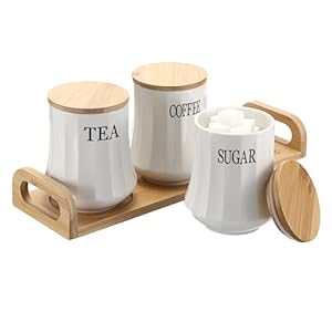 JUXYES Set of 3 Ceramic Canisters Set for Sugar Coffee Tea, Luxurious Storage Containers Sets with Serving Tray Decorative Storage Pots White Ceramic Storage Jar for Kitchen Counter Dining Room JUXYES Set of 3 Ceramic Canisters Set for Sugar Coffee Tea Luxurious Storage Containers Sets with Serving Tray Decorative Storage Pots White Ceramic Storage Jar for Kitchen Counter Dining Room