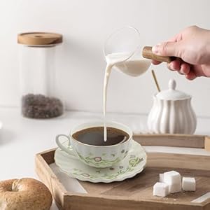 Teacup and Saucer Set Tea Cup Set of 4 White Coffee Mugs Cappuccino Cups 7oz Espresso Mugs Flower Tea Cup with Gold Trim Tea Set for Women Tea Party Afternoon Tea Home Office