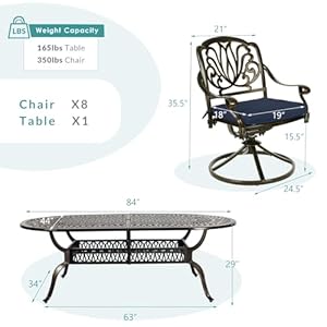 MEETWARM 9 Piece Outdoor Patio Dining Set All Weather Cast Aluminum Patio Conversation Set for Backyard Garden Deck with 1 Oval Table 8 Cushioned Swivel Rocker Chairs 2 Umbrella Hole Navy Blue