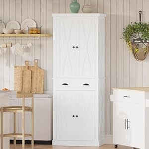 Ironck kitchen pantry storage cabinet 726 h x 24 w with barn doors drawer 4 adjustable shelves freestanding cupboard for dining room living room laundry white  urban country home decor