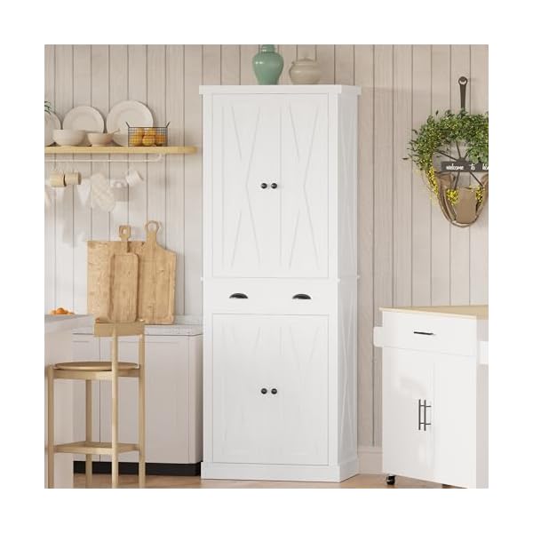 Ironck kitchen pantry storage cabinet 726 h x 24 w with barn doors drawer 4 adjustable shelves freestanding cupboard for dining room living room laundry white  urban country home decor
