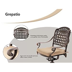 Grepatio 5 Piece Outdoor Dining Set Cast Aluminum Patio Dining Set Table and Chairs Outside Furniture 4 Mesh Swivel Chairs with Khaki Cushion and 1 Umbrella Round Dining Table for Lawn Garden Patio