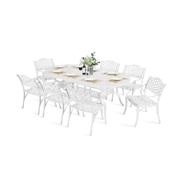   MEETWARM-9-Piece-Outdoor-Patio-Dining-Set-8-Outdoor-Dining-Chairs-and-1-Oval-Table-with-2-Umbrella-Hole-All-Weather-Cast-Aluminum-Patio-Funiture-Set-for-Backyard-Garden-PatioWhite