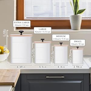 White Canisters Sets for the Kitchen CounterFlour Sugar Storage ContainersMetal Farmhouse Kitchen Canisters Set of 4Coffee Tea Sugar Spice Flour Food Storage Container with Airtight Bamboo Lids