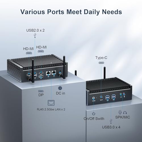 Fanless Mini PC 12th Gen Core i7 1255U, WIN11 pro mini Desktop Pc, Dual 2.5Gbe LAN Kleiner pc, Dual HD, Display Port, USB-C, WiFi6, BT5.2, 32GB RAM 500GB NVME SSD, Business pc lüfterlos – Bild 4