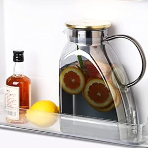 Bincoo fridge door glass pitcher with lid18 liter60oz glass carafe for juice and iced tea water jug for fridge water jug for cold or hot beverage easy clean heat resistant  urban country home decor